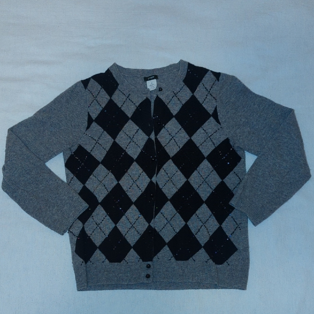 J Crew Women's Gray and Navy Argyle Sequin Cardigan Sweater